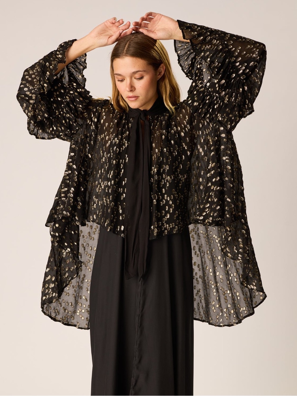 Natalie Martin NEW Black Gold Metallic Polka Dot Briana Cape with Sleeves Size S
